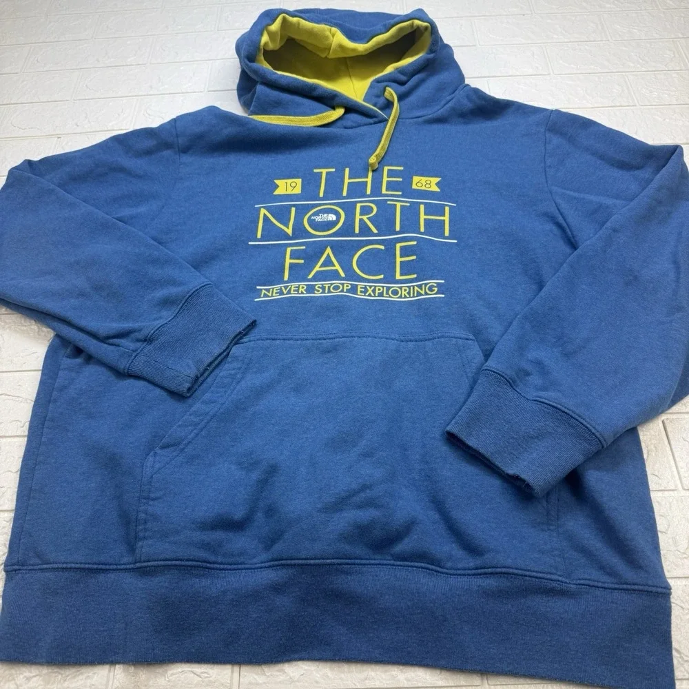 The North Face Hoodie Mens XL Blue Yellow Never Stop Exploring Pullover Fleece